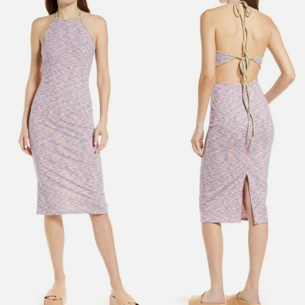 Lisa Says Gah Halter Tie Bodycon Midi Dress Size Medium Spacedye NWT